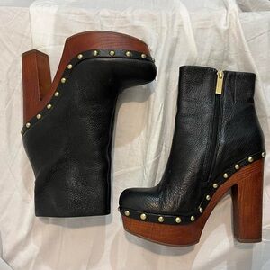Black Leather Platform Ankle Boots with gold stud and faux wood heel size 6